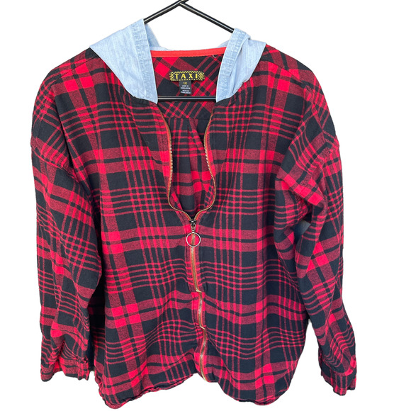 Taxi Mixed Fabric Red Plaid Full Zip‎ Chambray Hoodie Plus Size 1X - Picture 1 of 4